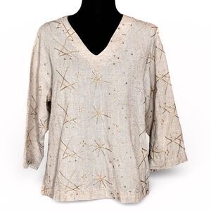 Vintage GENE EWING BIS Linen Top V Neck Beige Gold Stars Embroidery
